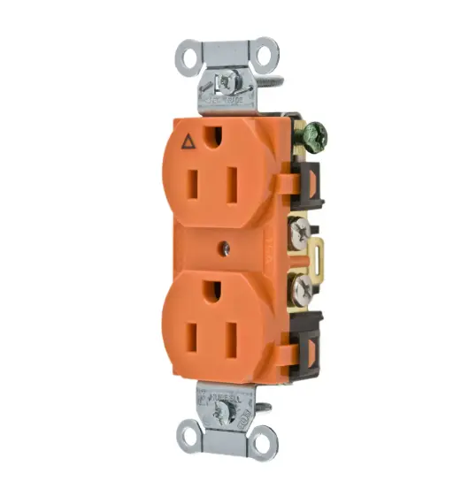 TOMACORRIENTE DOBLE 15A, 125V, 2P-3H, 5-15R, CONEXIÓN A TIERRA, ANTICORROSIVO, NARANJA, WDK